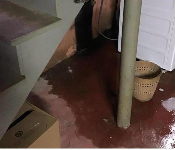 basement steps and basement floor with water damage